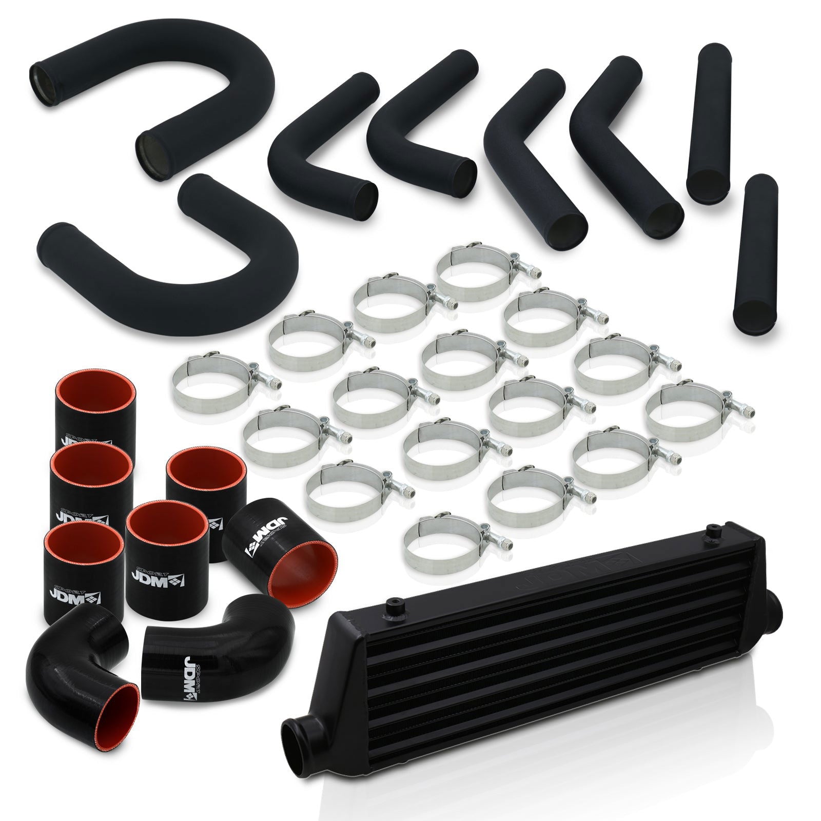 Universal 2.5" 8 Pieces Aluminum Piping Kit Black (x2 Straight / x2 90 Degree / x2 135 Degree / x2 U-Pipe) + SIlicone Couplers Black + Universal Aluminum Intercooler Black (Tube & Fin | Overall: 27.5" x 7.0" x 2.5" | Core: 21.5" x 7.0" x 2.25") - Parts Agent