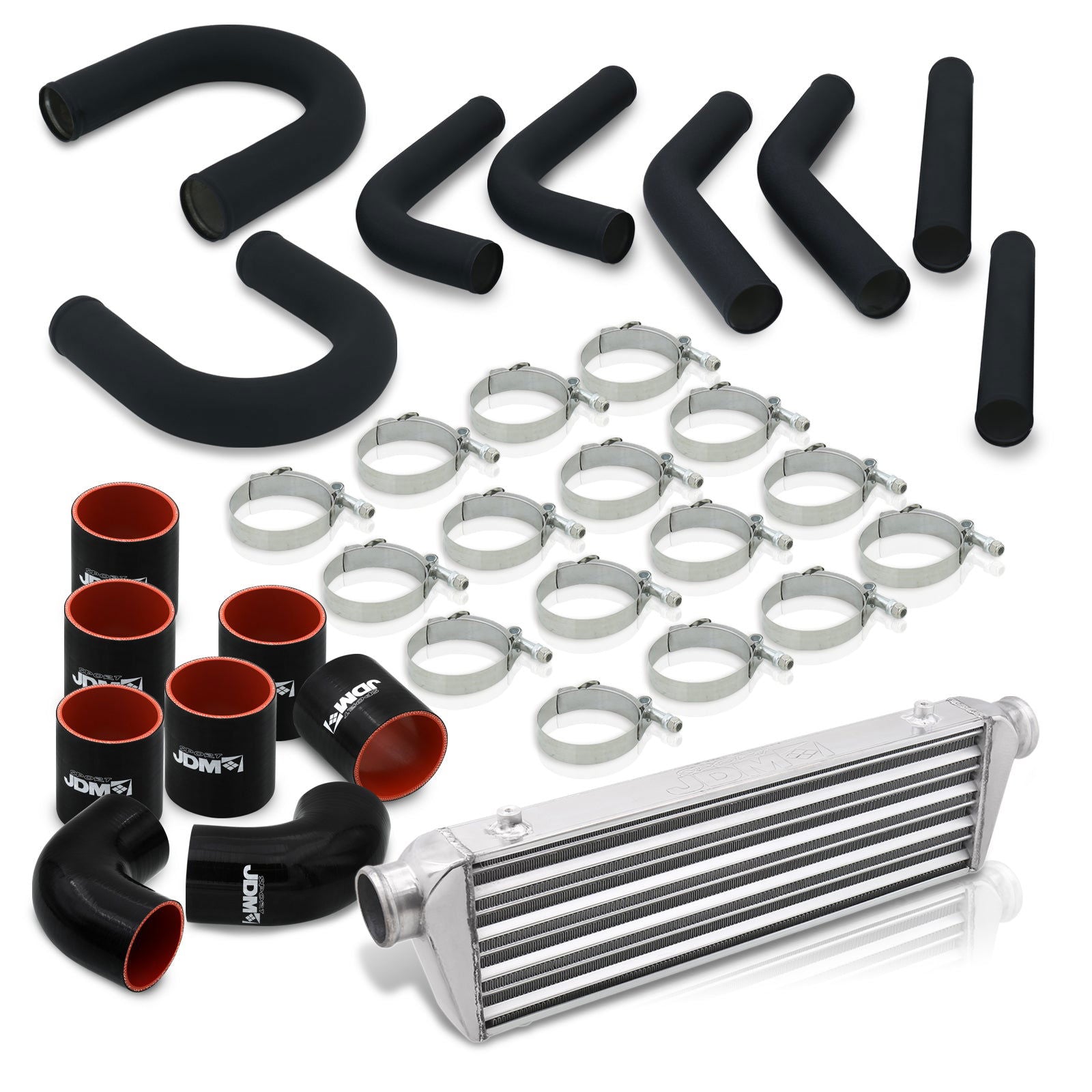 Universal 2.5" 8 Pieces Aluminum Piping Kit Black (x2 Straight / x2 90 Degree / x2 135 Degree / x2 U-Pipe) + SIlicone Couplers Black + Universal Aluminum Intercooler (Tube & Fin | Overall: 27.5" x 7.0" x 2.5" | Core: 21.5" x 7.0" x 2.25") - Parts Agent
