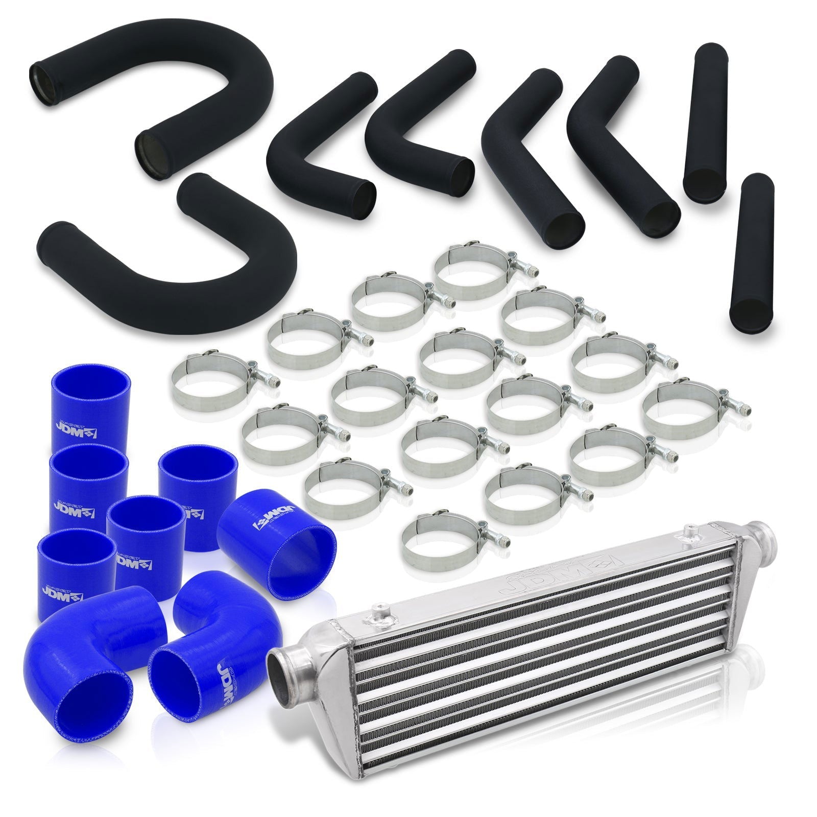Universal 2.5" 8 Pieces Aluminum Piping Kit Black (x2 Straight / x2 90 Degree / x2 135 Degree / x2 U-Pipe) + SIlicone Couplers Blue + Universal Aluminum Intercooler (Tube & Fin | Overall: 27.5" x 7.0" x 2.5" | Core: 21.5" x 7.0" x 2.25") - Parts Agent