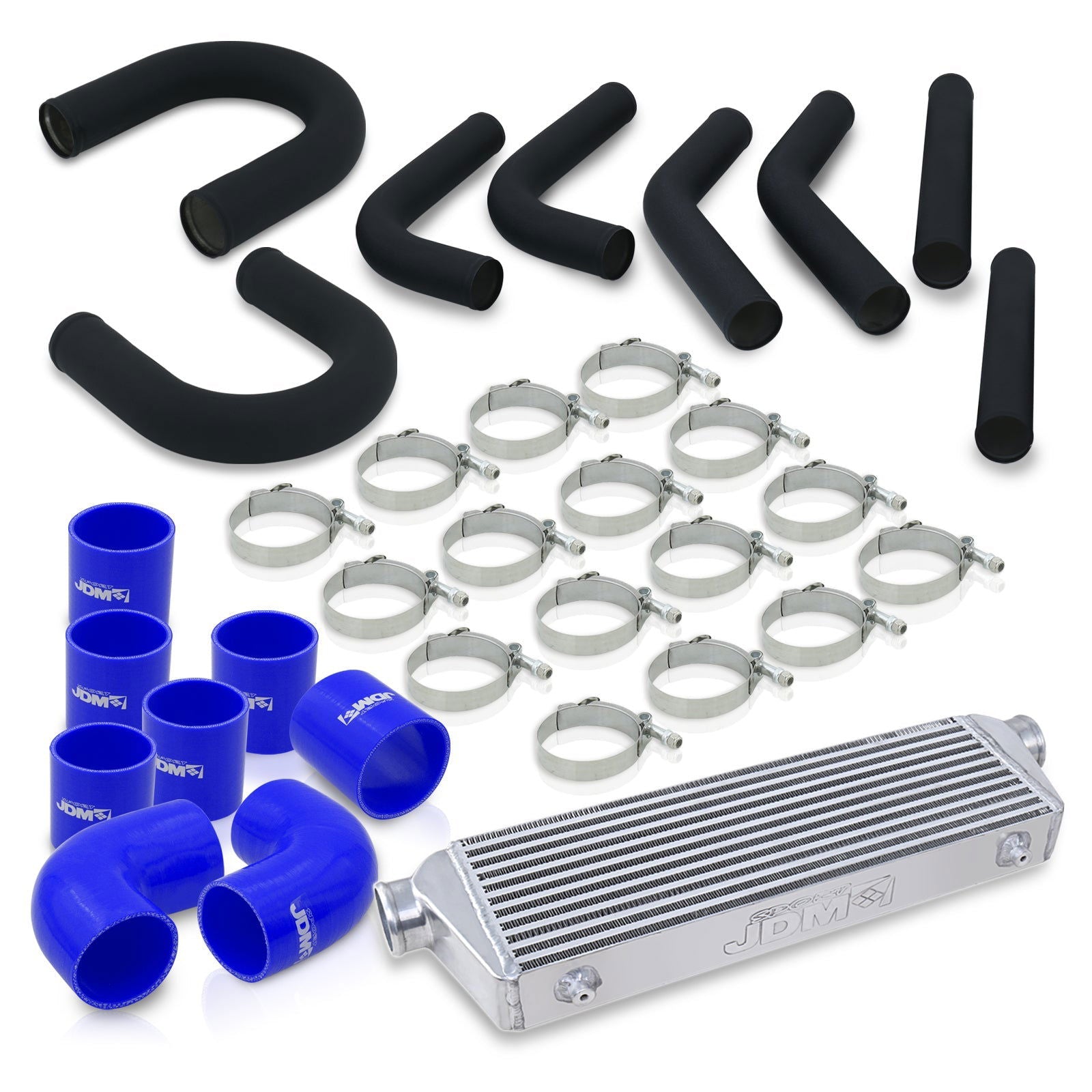Universal 2.5" 8 Pieces Aluminum Piping Kit Black (x2 Straight / x2 90 Degree / x2 135 Degree / x2 U-Pipe) + Silicone Couplers Blue + Universal Aluminum Intercooler (Bar & Plate | Overall: 27.5" x 7.0" x 2.5" | Core: 21.5" x 7.0" x 2.25") - Parts Agent