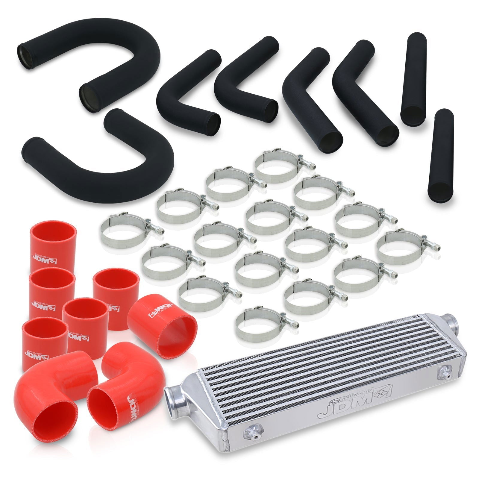 Universal 2.5" 8 Pieces Aluminum Piping Kit Black (x2 Straight / x2 90 Degree / x2 135 Degree / x2 U-Pipe) + Silicone Couplers Red + Universal Aluminum Intercooler (Bar & Plate | Overall: 27.5" x 7.0" x 2.5" | Core: 21.5" x 7.0" x 2.25") - Parts Agent