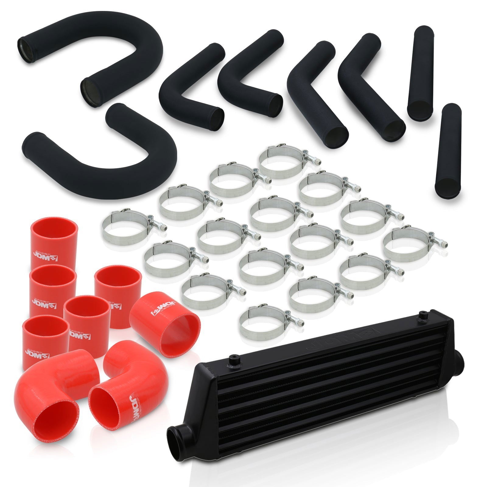 Universal 2.5" 8 Pieces Aluminum Piping Kit Black (x2 Straight / x2 90 Degree / x2 135 Degree / x2 U-Pipe) + Silicone Couplers Red + Universal Aluminum Intercooler Black (Tube & Fin | Overall: 27.5" x 7.0" x 2.5" | Core: 21.5" x 7.0" x 2.25") - Parts Agent