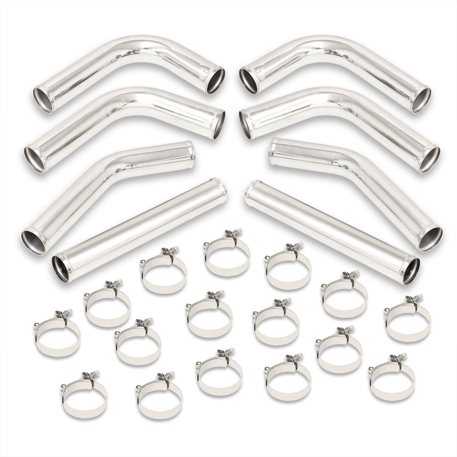 Universal 2.5" 8 Pieces Aluminum Piping Kit Polished (x2 Straight / x2 90 Degree / x2 120 Degree / x2 135 Degree) - Parts Agent