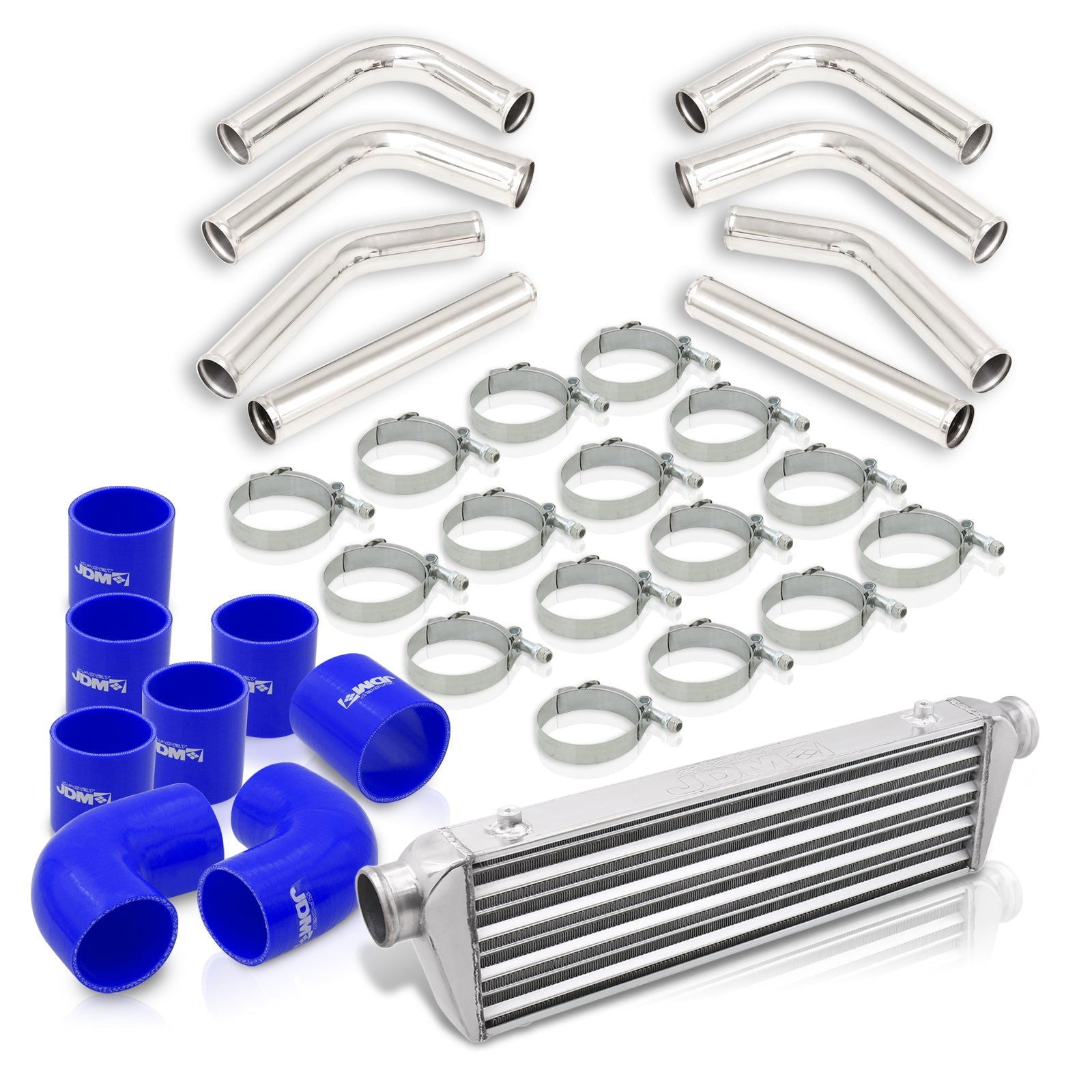 Universal 2.5" 8 Pieces Aluminum Piping Kit Polished (x2 Straight / x2 90 Degree / x2 120 Degree / x2 135 Degree) + SIlicone Couplers Blue + Universal Aluminum Intercooler (Tube & Fin | Overall: 27.5" x 7.0" x 2.5" | Core: 21.5" x 7.0" x 2.25") - Parts Agent