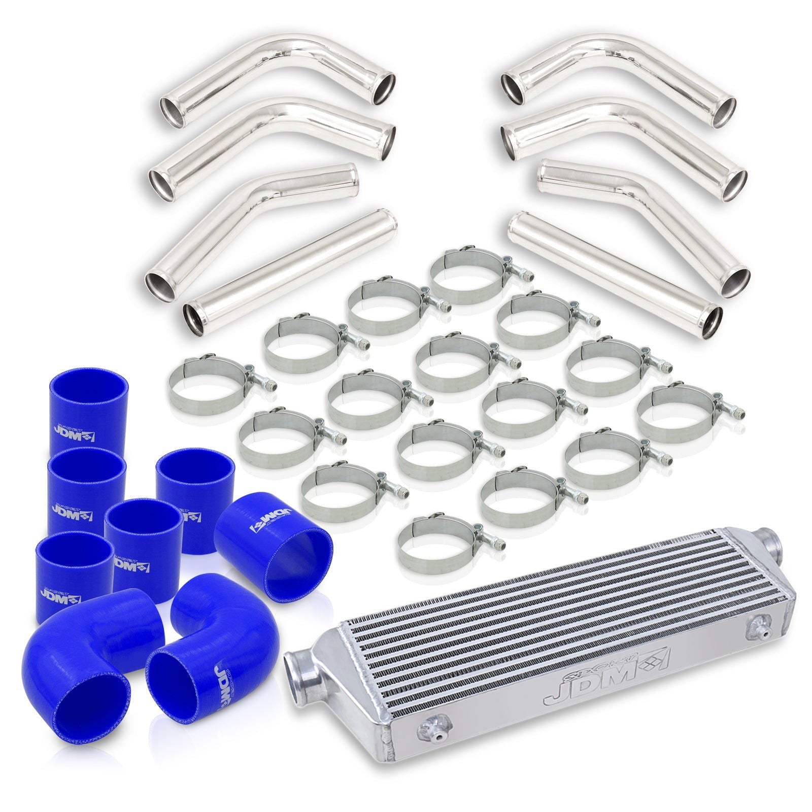 Universal 2.5" 8 Pieces Aluminum Piping Kit Polished (x2 Straight / x2 90 Degree / x2 120 Degree / x2 135 Degree) + Silicone Couplers Blue + Universal Aluminum Intercooler (Bar & Plate | Overall: 27.5" x 7.0" x 2.5" | Core: 21.5" x 7.0" x 2.25") - Parts Agent