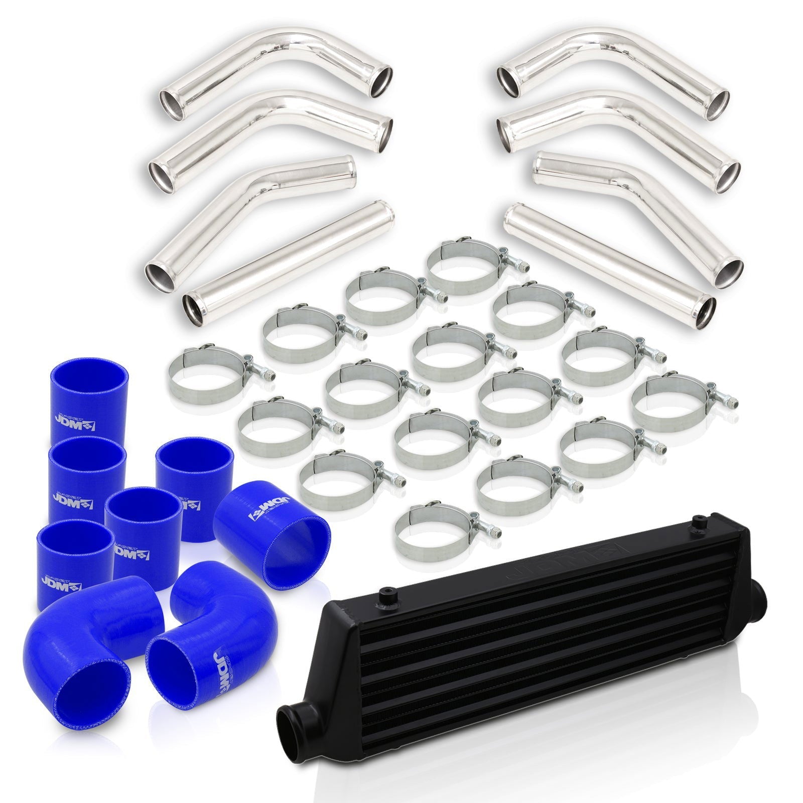 Universal 2.5" 8 Pieces Aluminum Piping Kit Polished (x2 Straight / x2 90 Degree / x2 120 Degree / x2 135 Degree) + Silicone Couplers Blue + Universal Aluminum Intercooler Black (Tube & Fin | Overall: 27.5" x 7.0" x 2.5" | Core: 21.5" x 7.0" x 2.25") - Parts Agent