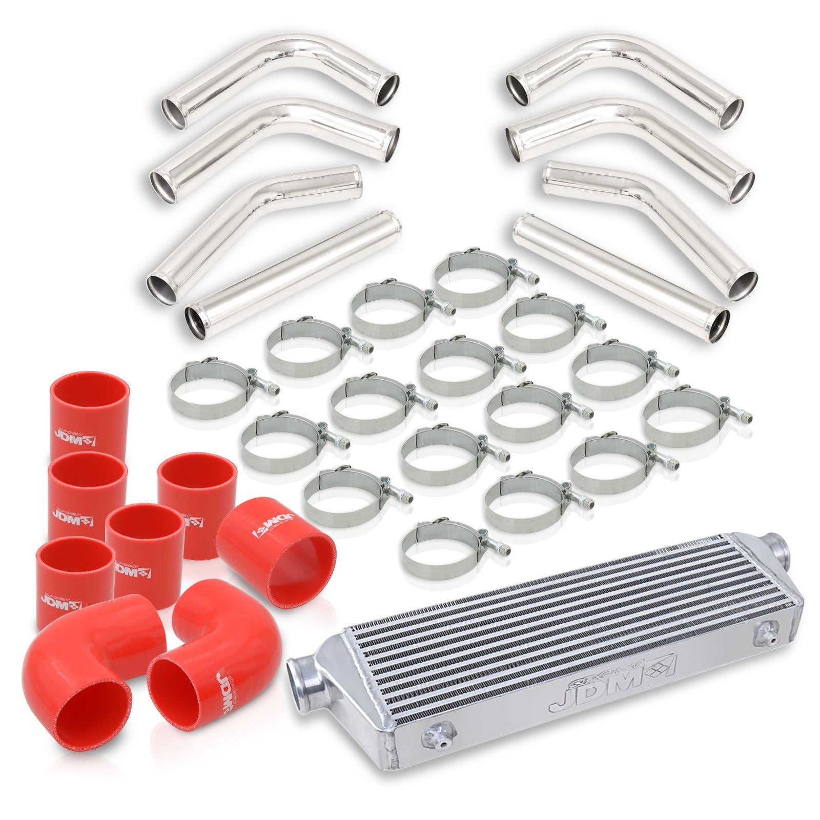 Universal 2.5" 8 Pieces Aluminum Piping Kit Polished (x2 Straight / x2 90 Degree / x2 120 Degree / x2 135 Degree) + Silicone Couplers Red + Universal Aluminum Intercooler (Bar & Plate | Overall: 27.5" x 7.0" x 2.5" | Core: 21.5" x 7.0" x 2.25") - Parts Agent