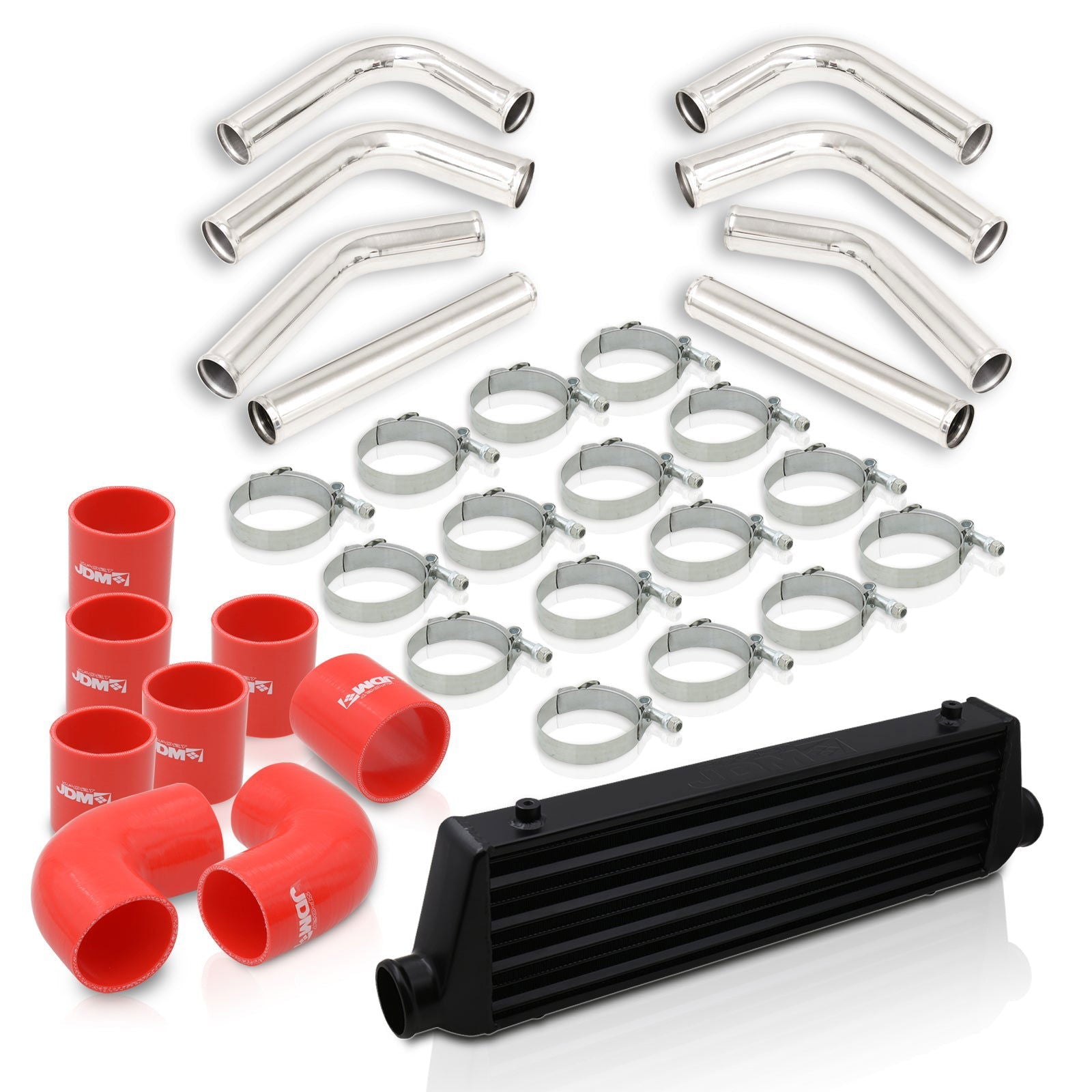 Universal 2.5" 8 Pieces Aluminum Piping Kit Polished (x2 Straight / x2 90 Degree / x2 120 Degree / x2 135 Degree) + Silicone Couplers Red + Universal Aluminum Intercooler Black (Tube & Fin | Overall: 27.5" x 7.0" x 2.5" | Core: 21.5" x 7.0" x 2.25") - Parts Agent