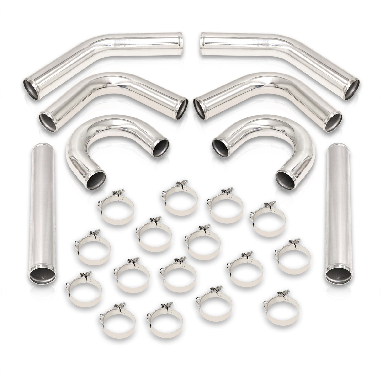 Universal 2.5" 8 Pieces Aluminum Piping Kit Polished (x2 Straight / x2 90 Degree / x2 135 Degree / x2 U-Pipe) - Parts Agent