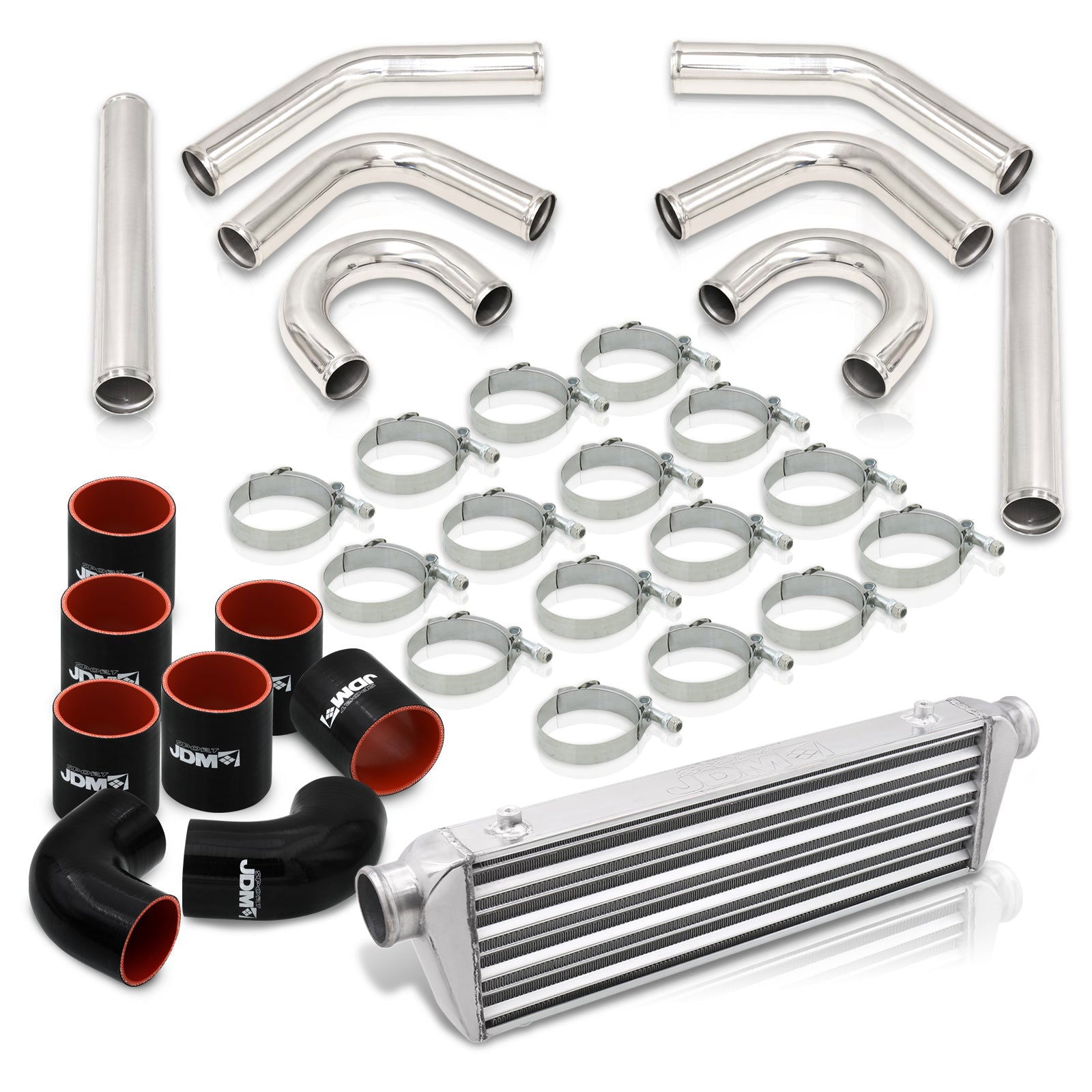 Universal 2.5" 8 Pieces Aluminum Piping Kit Polished (x2 Straight / x2 90 Degree / x2 135 Degree / x2 U-Pipe) + SIlicone Couplers Black + Universal Aluminum Intercooler (Tube & Fin | Overall: 27.5" x 7.0" x 2.5" | Core: 21.5" x 7.0" x 2.25") - Parts Agent