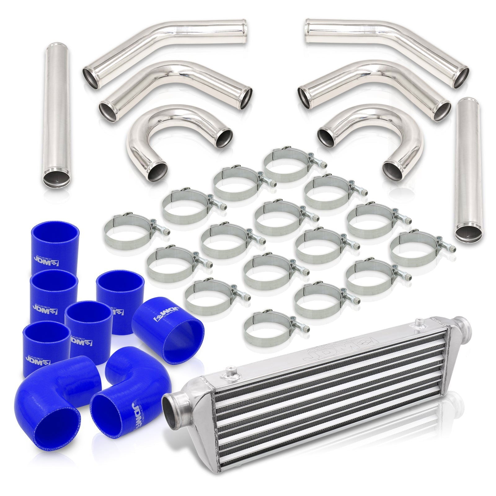 Universal 2.5" 8 Pieces Aluminum Piping Kit Polished (x2 Straight / x2 90 Degree / x2 135 Degree / x2 U-Pipe) + SIlicone Couplers Blue + Universal Aluminum Intercooler (Tube & Fin | Overall: 27.5" x 7.0" x 2.5" | Core: 21.5" x 7.0" x 2.25") - Parts Agent