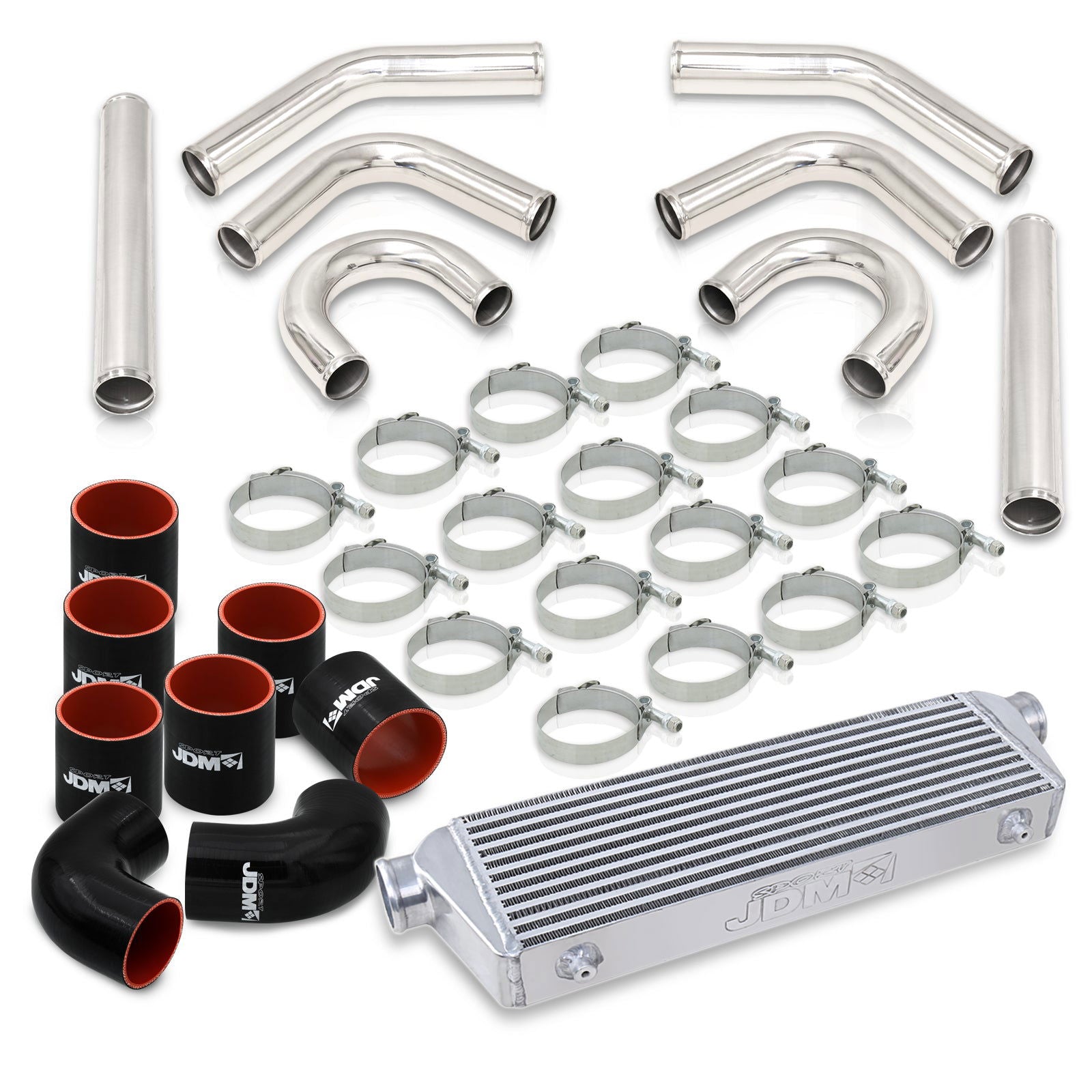Universal 2.5" 8 Pieces Aluminum Piping Kit Polished (x2 Straight / x2 90 Degree / x2 135 Degree / x2 U-Pipe) + Silicone Couplers Black + Universal Aluminum Intercooler (Bar & Plate | Overall: 27.5" x 7.0" x 2.5" | Core: 21.5" x 7.0" x 2.25") - Parts Agent