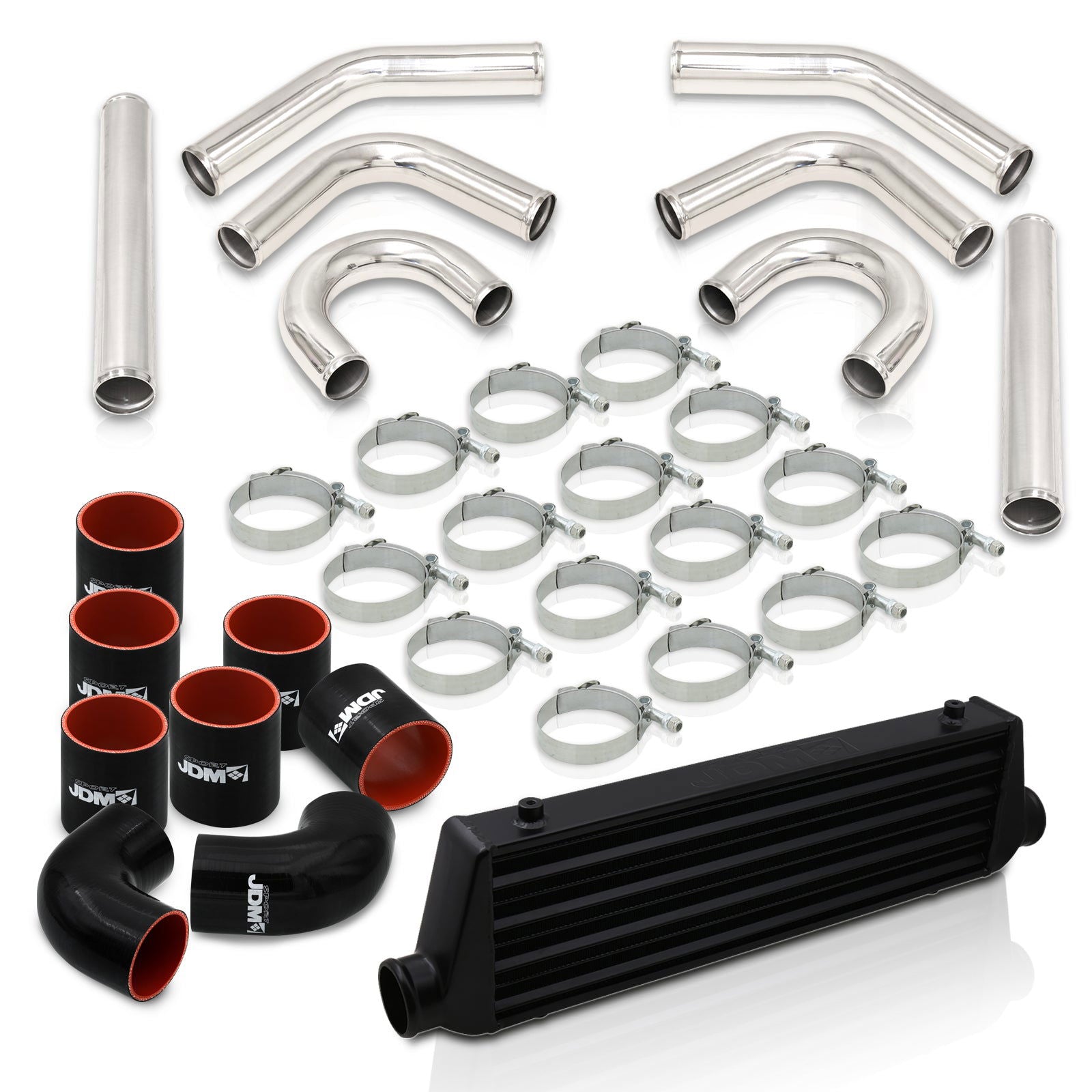 Universal 2.5" 8 Pieces Aluminum Piping Kit Polished (x2 Straight / x2 90 Degree / x2 135 Degree / x2 U-Pipe) + Silicone Couplers Black + Universal Aluminum Intercooler Black (Tube & Fin | Overall: 27.5" x 7.0" x 2.5" | Core: 21.5" x 7.0" x 2.25") - Parts Agent