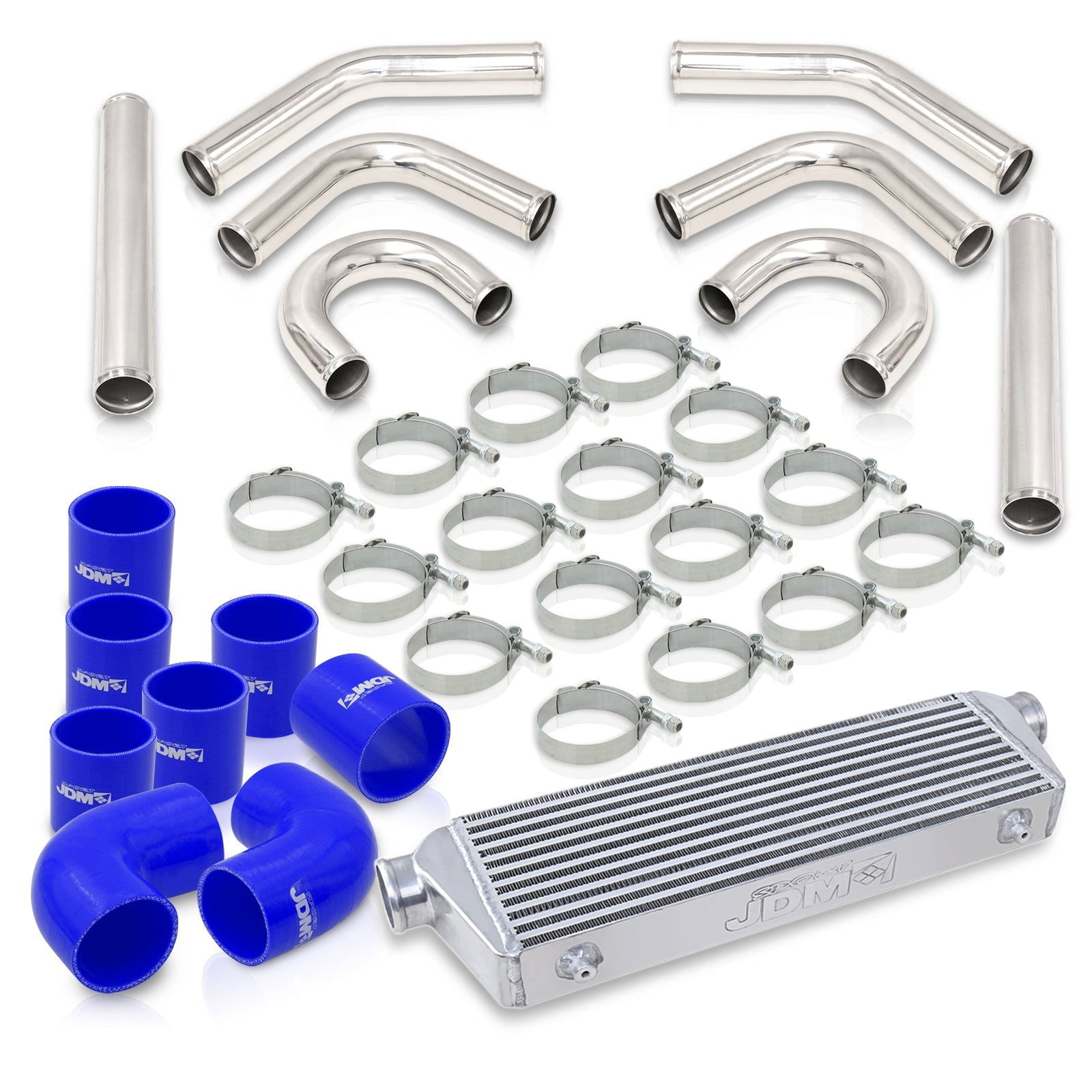 Universal 2.5" 8 Pieces Aluminum Piping Kit Polished (x2 Straight / x2 90 Degree / x2 135 Degree / x2 U-Pipe) + Silicone Couplers Blue + Universal Aluminum Intercooler (Bar & Plate | Overall: 27.5" x 7.0" x 2.5" | Core: 21.5" x 7.0" x 2.25") - Parts Agent
