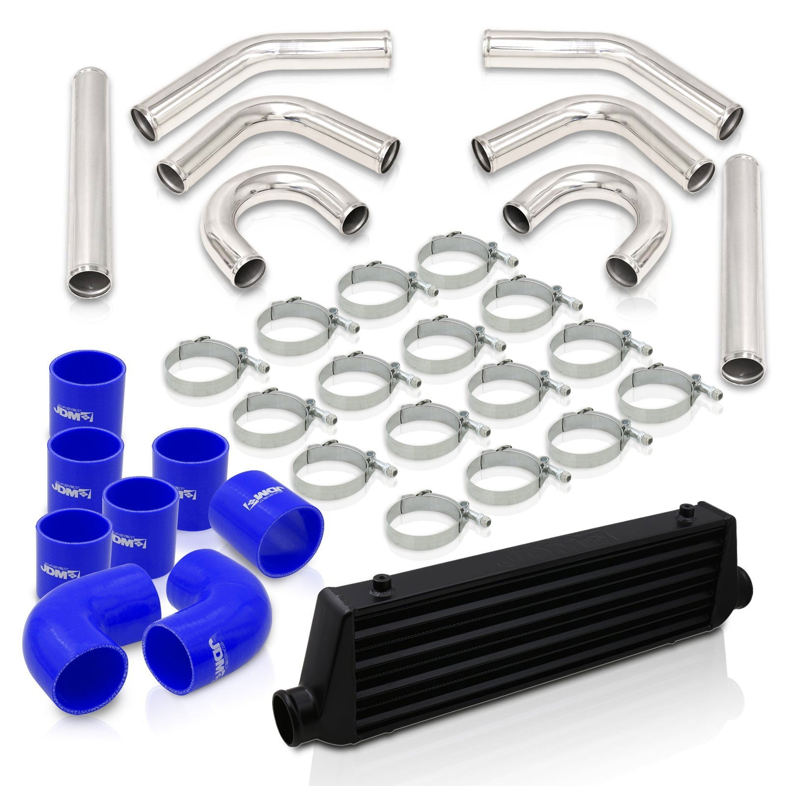 Universal 2.5" 8 Pieces Aluminum Piping Kit Polished (x2 Straight / x2 90 Degree / x2 135 Degree / x2 U-Pipe) + Silicone Couplers Blue + Universal Aluminum Intercooler Black (Tube & Fin | Overall: 27.5" x 7.0" x 2.5" | Core: 21.5" x 7.0" x 2.25") - Parts Agent