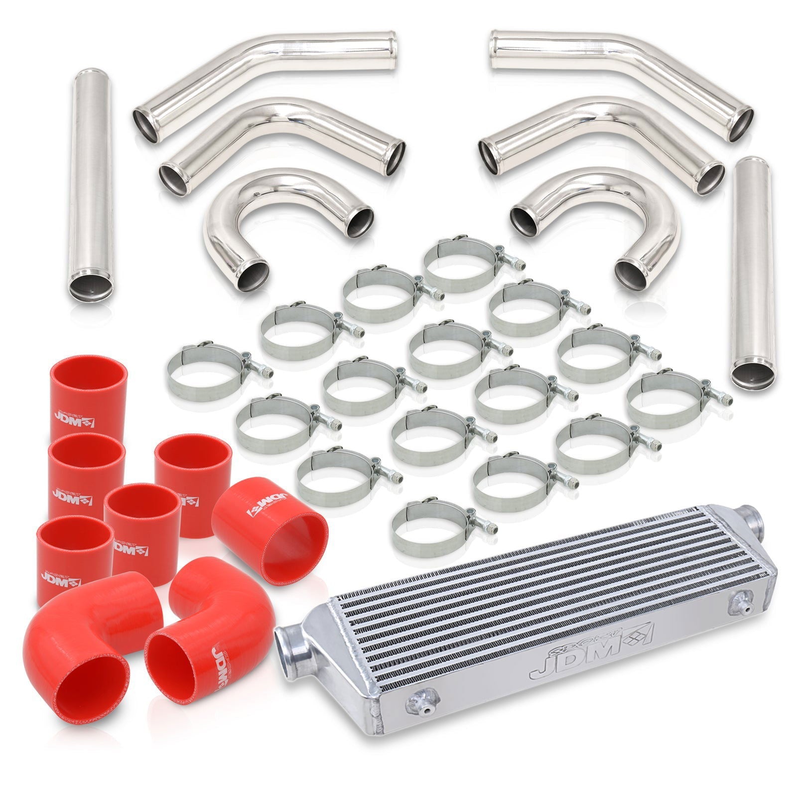 Universal 2.5" 8 Pieces Aluminum Piping Kit Polished (x2 Straight / x2 90 Degree / x2 135 Degree / x2 U-Pipe) + Silicone Couplers Red + Universal Aluminum Intercooler (Bar & Plate | Overall: 27.5" x 7.0" x 2.5" | Core: 21.5" x 7.0" x 2.25") - Parts Agent