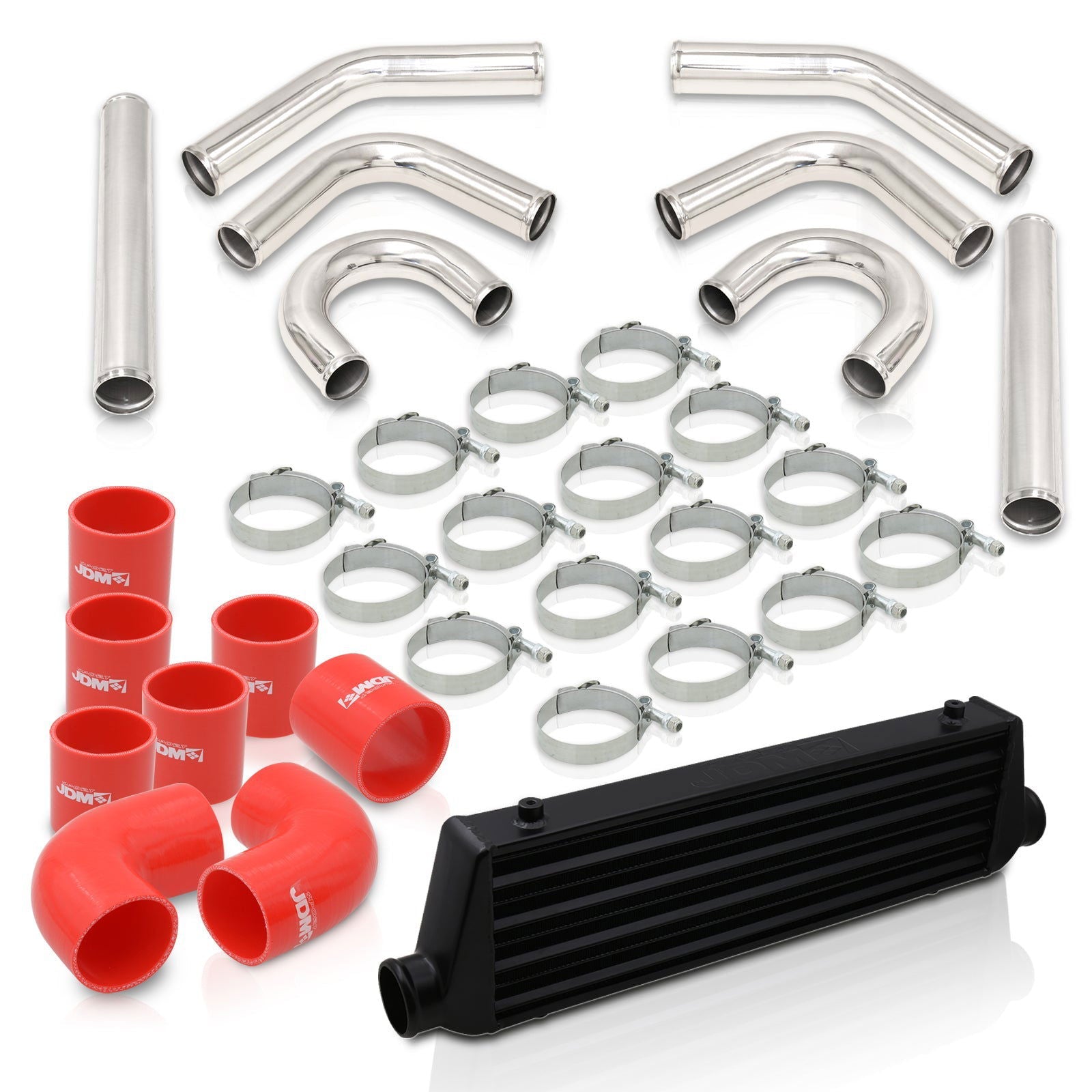 Universal 2.5" 8 Pieces Aluminum Piping Kit Polished (x2 Straight / x2 90 Degree / x2 135 Degree / x2 U-Pipe) + Silicone Couplers Red + Universal Aluminum Intercooler Black (Tube & Fin | Overall: 27.5" x 7.0" x 2.5" | Core: 21.5" x 7.0" x 2.25") - Parts Agent