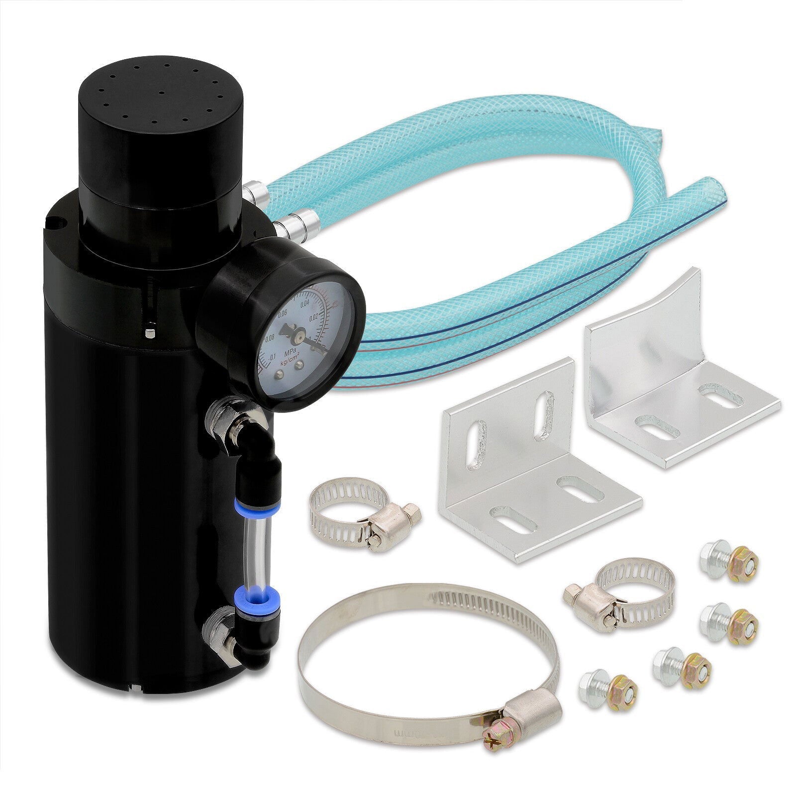 Universal 350ML Cylinder Oil Catch Can Tank 7.0"x2.5"x2.5" + Breather Filter + Gauge Black - Parts Agent