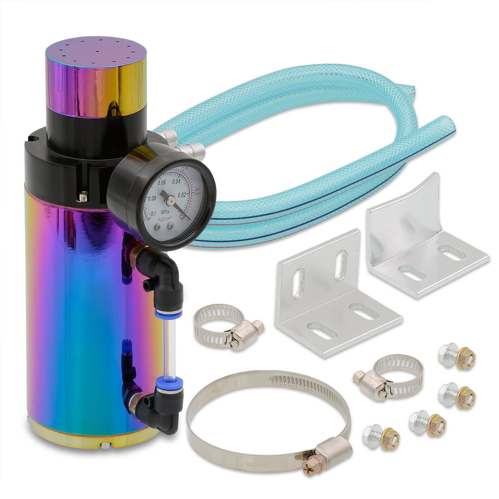 Universal 350ML Cylinder Oil Catch Can Tank 7.0"x2.5"x2.5" + Breather Filter + Gauge Neo Chrome - Parts Agent