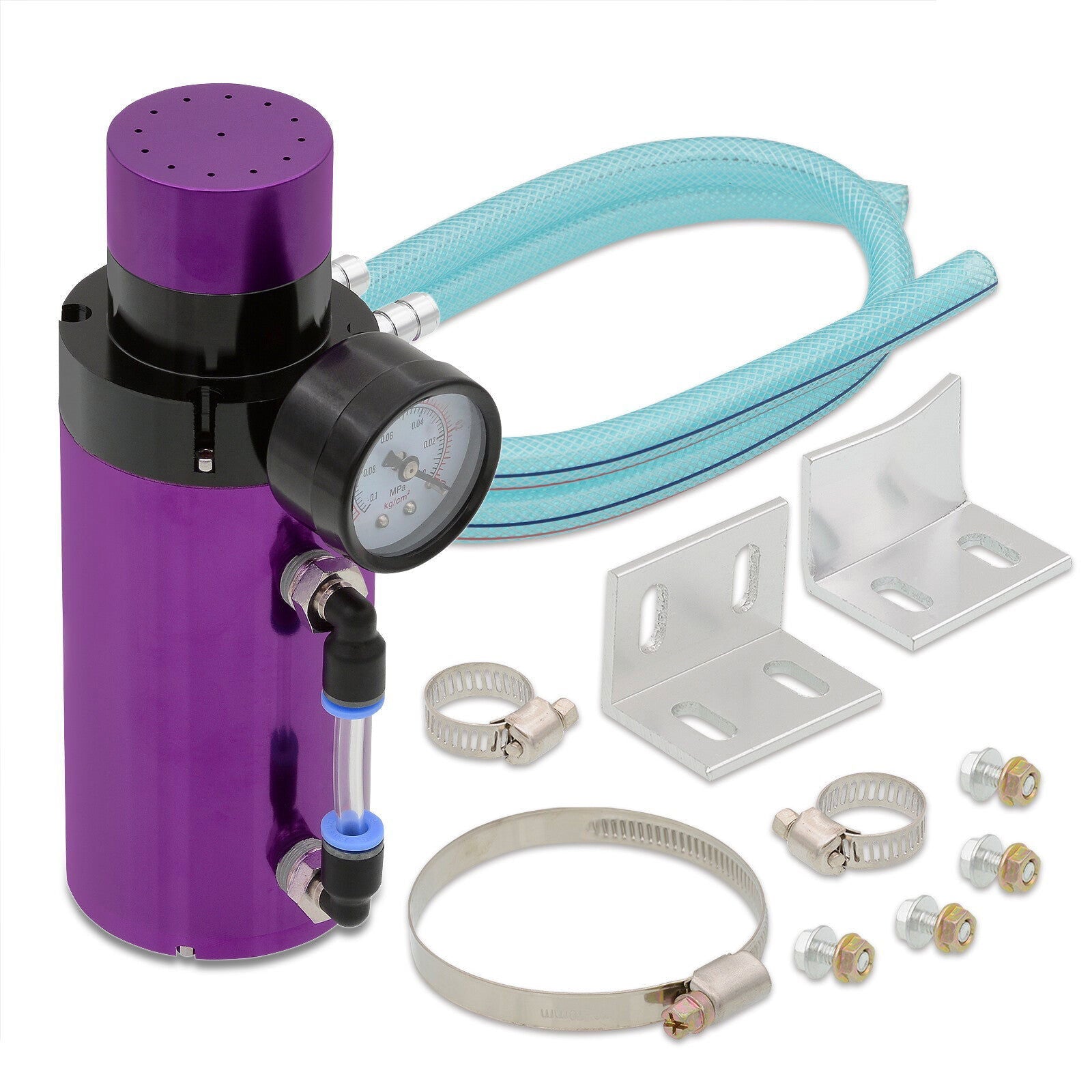 Universal 350ML Cylinder Oil Catch Can Tank 7.0"x2.5"x2.5" + Breather Filter + Gauge Purple - Parts Agent
