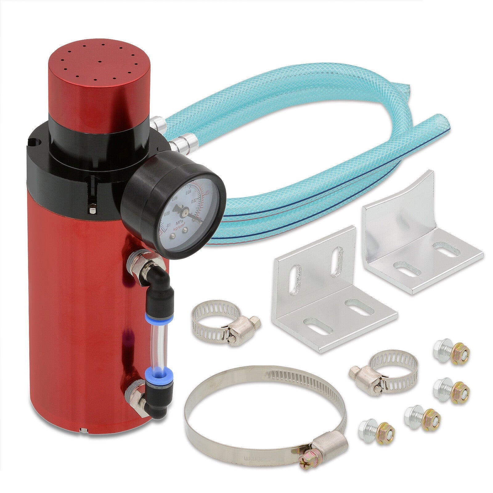 Universal 350ML Cylinder Oil Catch Can Tank 7.0"x2.5"x2.5" + Breather Filter + Gauge Red - Parts Agent