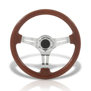 Universal 350mm Heavy Duty Steel Steering Wheel Polished Center Wood Style - Parts Agent