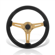 Universal 350mm Heavy Duty Steel Wood Grain Style Steering Wheel Gold Center Black Wood - Parts Agent