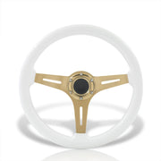 Universal 350mm Heavy Duty Steel Wood Grain Style Steering Wheel Gold Center White Wood - Parts Agent
