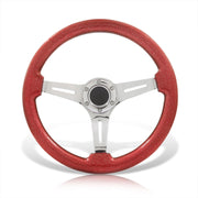 Universal 350mm Heavy Duty Steel Wood Grain Style Steering Wheel Polish Center Metallic Red Wood - Parts Agent