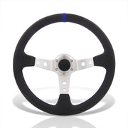 Universal 350mm PVC Leather Deep Dish Style Aluminum Steering Wheel Silver Center with Blue Stitching - Parts Agent