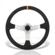 Universal 350mm PVC Leather Deep Dish Style Aluminum Steering Wheel Silver Center with Yellow Stitching - Parts Agent