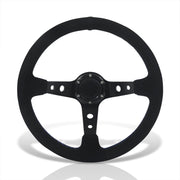 Universal 350mm Suede Deep Dish Style Aluminum Steering Wheel Black with Blue Stitching - Parts Agent