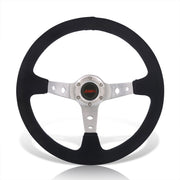 Universal 350mm Suede Deep Dish Style Aluminum Steering Wheel Polished with Blue Stitching - Parts Agent