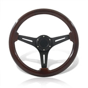 Universal 350mm Wood Grain Style Aluminum Steering Wheel Black Center Dark Wood - Parts Agent