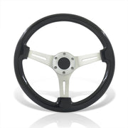 Universal 350mm Wood Grain Style Aluminum Steering Wheel Silver Center Black Wood - Parts Agent