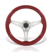 Universal 350mm Wood Grain Style Aluminum Steering Wheel Silver Center Red Wood - Parts Agent