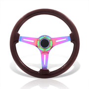 Universal 350mm Wood Grain Style Steel Steering Wheel Neo Chrome Center Dark Wood - Parts Agent