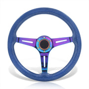 Universal 350mm Wood Grain Style Steel Steering Wheel Neo Chrome Center Metallic Blue Wood - Parts Agent