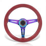 Universal 350mm Wood Grain Style Steel Steering Wheel Neo Chrome Center Metallic Red Wood - Parts Agent
