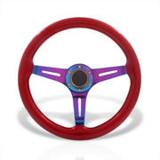 Universal 350mm Wood Grain Style Steel Steering Wheel Neo Chrome Center Red Wood - Parts Agent