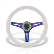 Universal 350mm Wood Grain Style Steel Steering Wheel Neo Chrome Center White Wood - Parts Agent