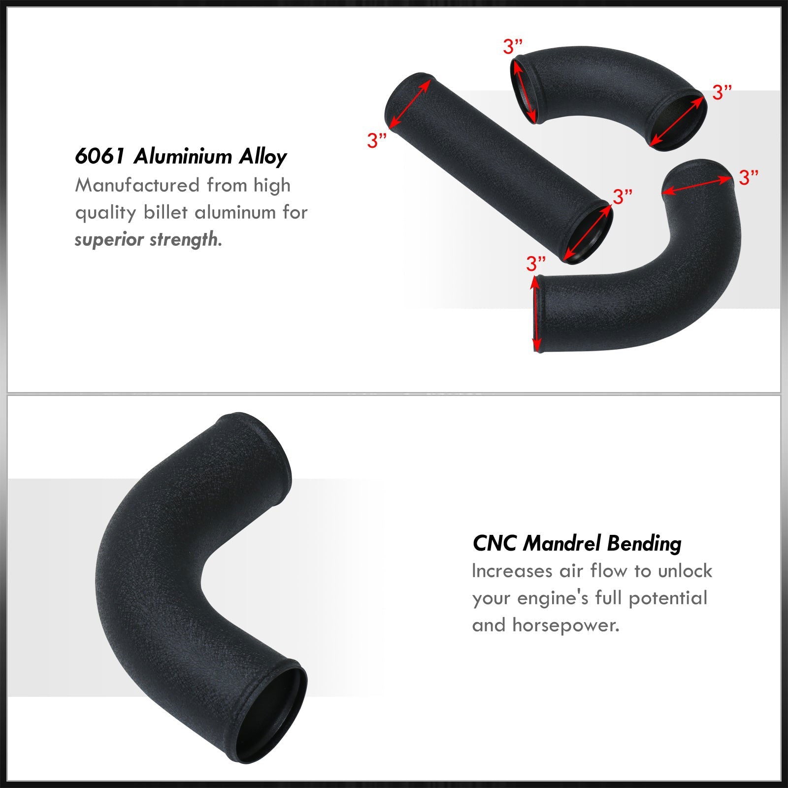 Universal 3" 12 Pieces Aluminum Piping Kit Black (x2 Straight / x6 90 Degree Long / x4 90 Degree Short) - Parts Agent