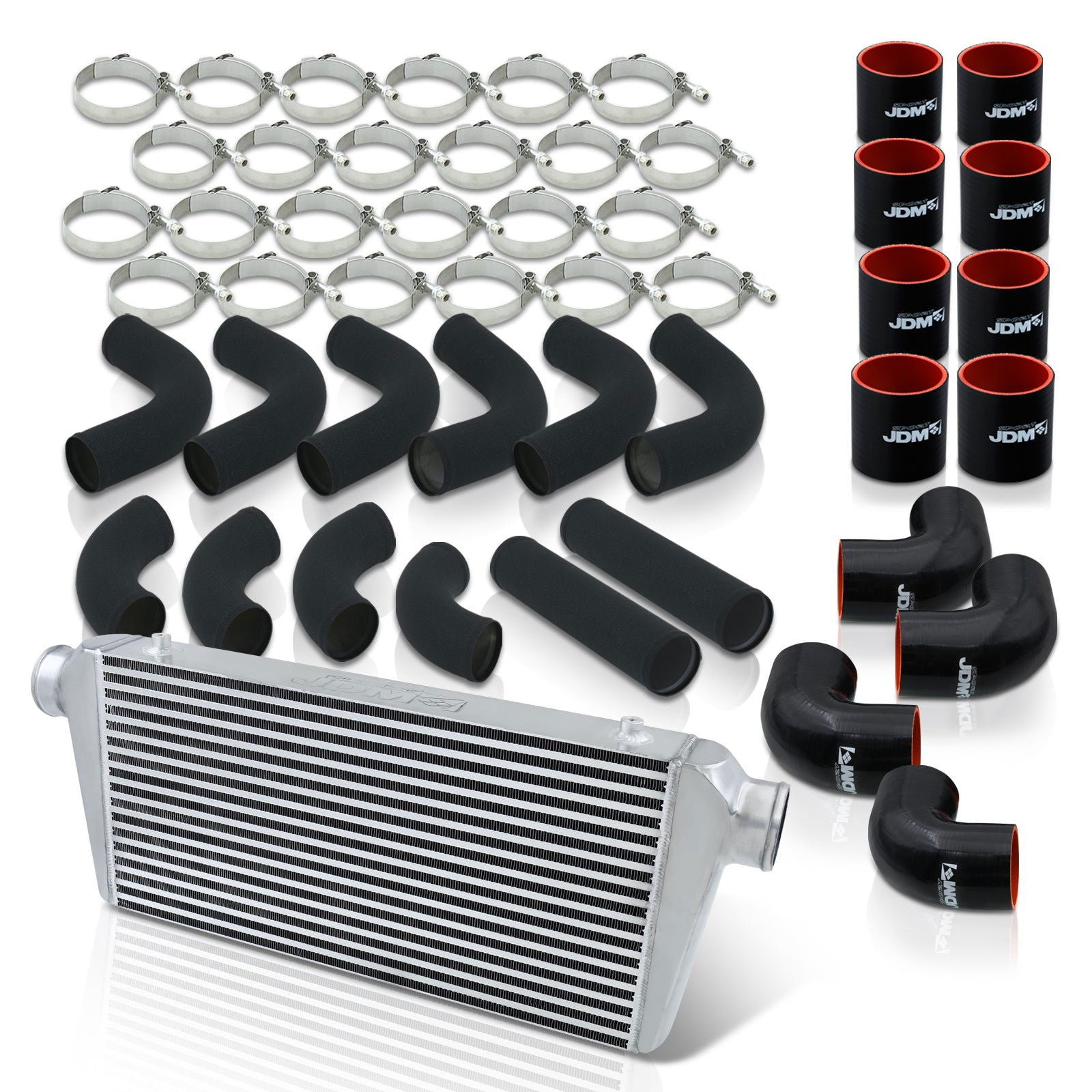 Universal 3" 12 Pieces Aluminum Piping Kit Black (x2 Straight / x6 90 Degree Long / x4 90 Degree Short) + Silicone Couplers Black + Universal Aluminum Intercooler (Bar & Plate | Overall: 31.0" x 11.75" x 3.0" | Core: 23.0" x 11.0" x 3.0") - Parts Agent