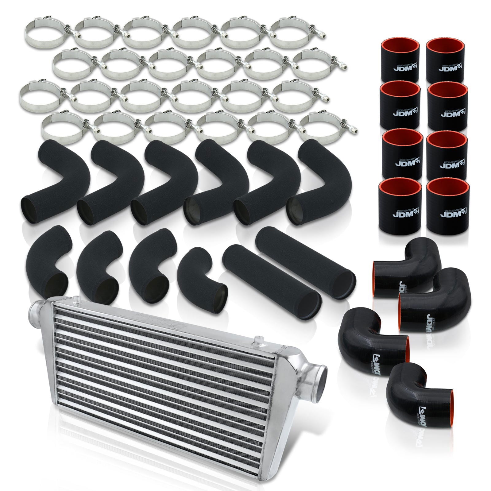 Universal 3" 12 Pieces Aluminum Piping Kit Black (x2 Straight / x6 90 Degree Long / x4 90 Degree Short) + Silicone Couplers Black + Universal Aluminum Intercooler (Tube & Fin | Overall: 30.75" x 11.75" x 3.0" | Core: 23.5" x 11.75" x 3.0") - Parts Agent