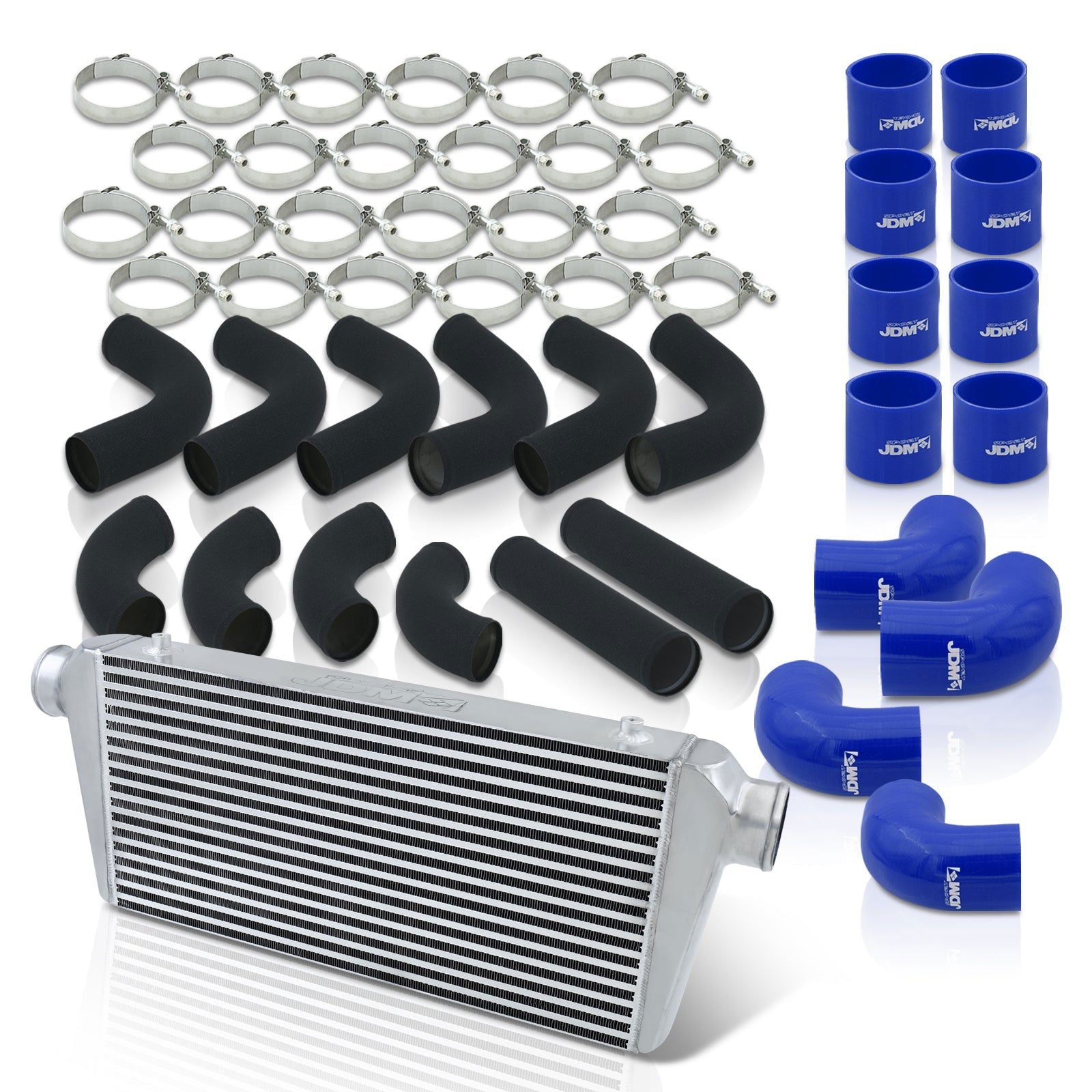 Universal 3" 12 Pieces Aluminum Piping Kit Black (x2 Straight / x6 90 Degree Long / x4 90 Degree Short) + Silicone Couplers Blue + Universal Aluminum Intercooler (Bar & Plate | Overall: 31.0" x 11.75" x 3.0" | Core: 23.0" x 11.0" x 3.0") - Parts Agent