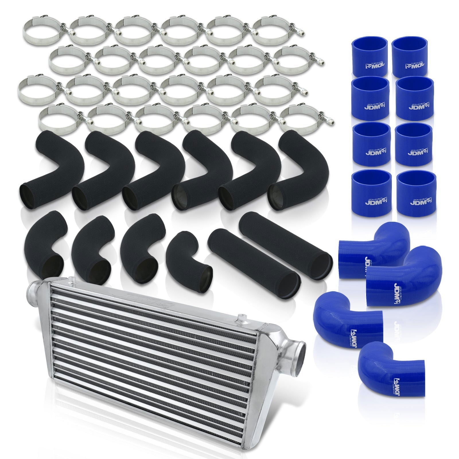 Universal 3" 12 Pieces Aluminum Piping Kit Black (x2 Straight / x6 90 Degree Long / x4 90 Degree Short) + Silicone Couplers Blue + Universal Aluminum Intercooler (Tube & Fin | Overall: 30.75" x 11.75" x 3.0" | Core: 23.5" x 11.75" x 3.0") - Parts Agent