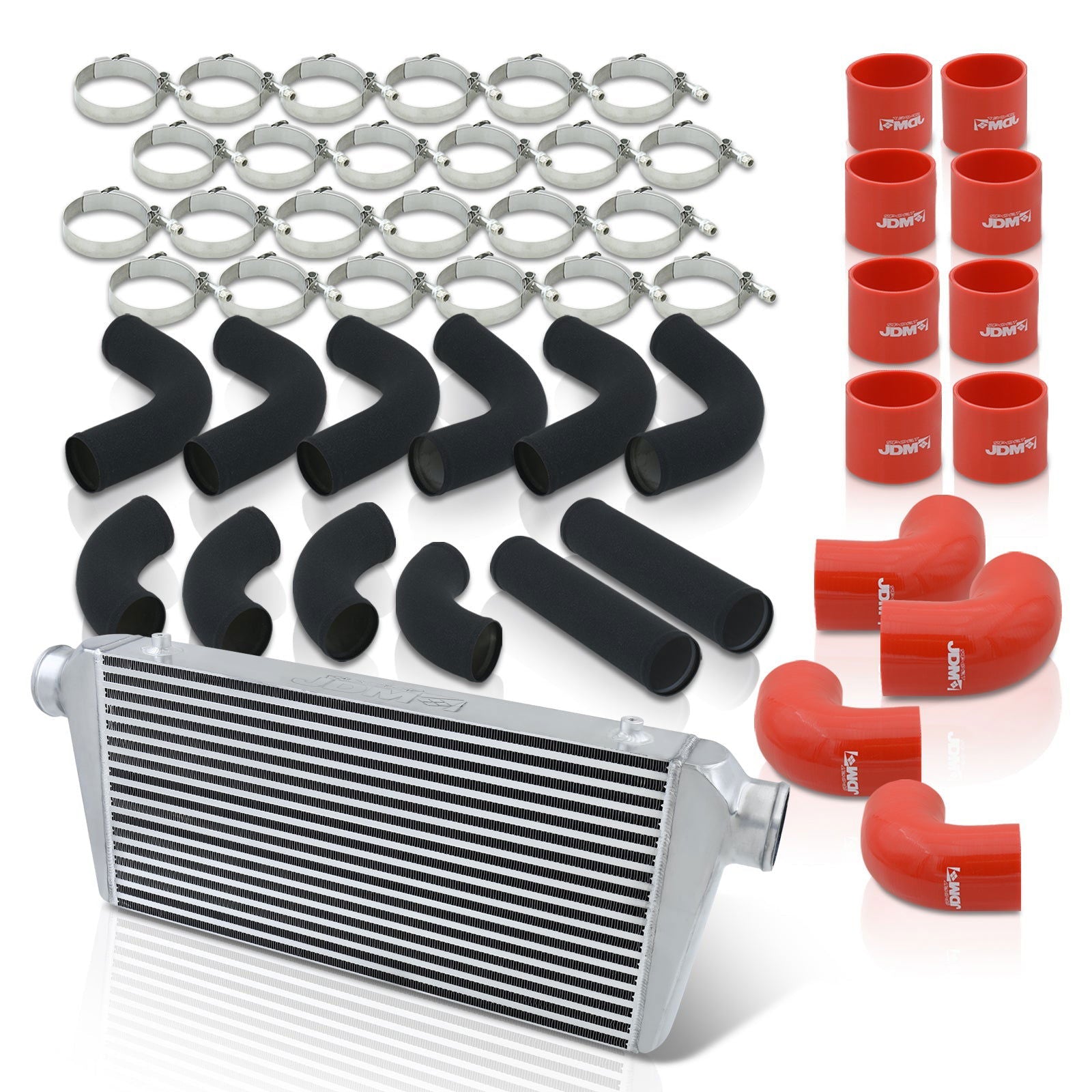 Universal 3" 12 Pieces Aluminum Piping Kit Black (x2 Straight / x6 90 Degree Long / x4 90 Degree Short) + Silicone Couplers Red + Universal Aluminum Intercooler (Bar & Plate | Overall: 31.0" x 11.75" x 3.0" | Core: 23.0" x 11.0" x 3.0") - Parts Agent