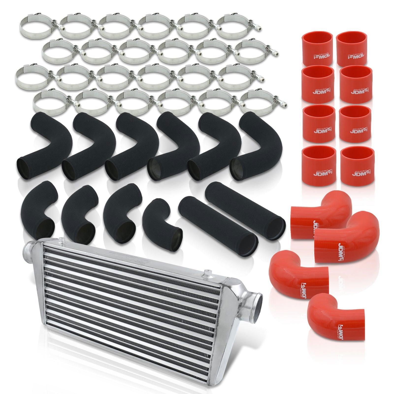 Universal 3" 12 Pieces Aluminum Piping Kit Black (x2 Straight / x6 90 Degree Long / x4 90 Degree Short) + Silicone Couplers Red + Universal Aluminum Intercooler (Tube & Fin | Overall: 30.75" x 11.75" x 3.0" | Core: 23.5" x 11.75" x 3.0") - Parts Agent