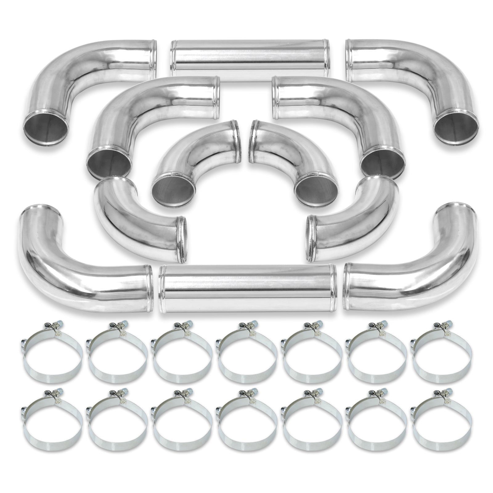 Universal 3" 12 Pieces Aluminum Piping Kit Polished (x2 Straight / x6 90 Degree Long / x4 90 Degree Short) - Parts Agent