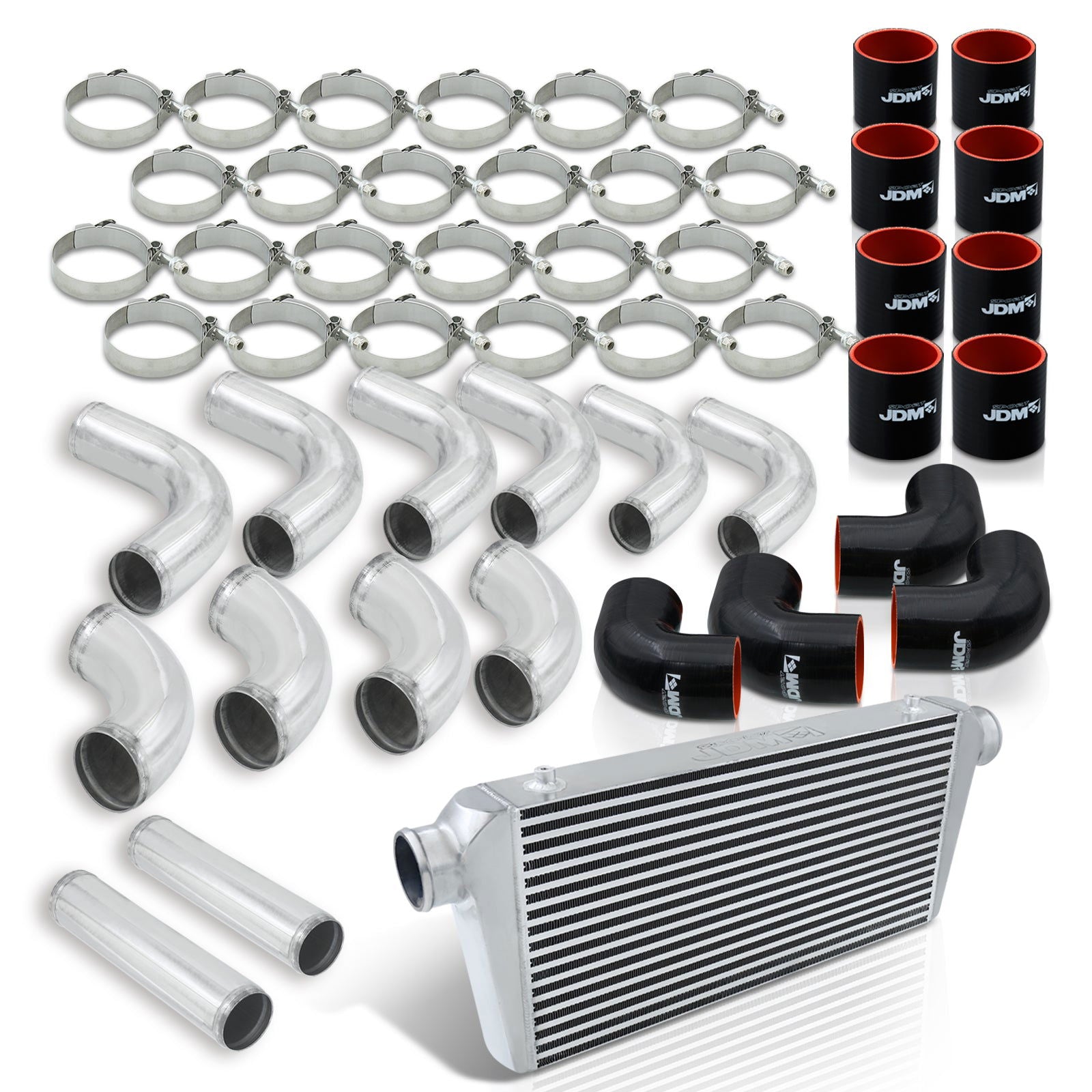 Universal 3" 12 Pieces Aluminum Piping Kit Polished (x2 Straight / x6 90 Degree Long / x4 90 Degree Short) + Silicone Couplers Black + Universal Aluminum Intercooler (Bar & Plate | Overall: 31.0" x 11.75" x 3.0" | Core: 23.0" x 11.0" x 3.0") - Parts Agent